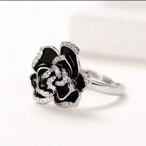 Romantic Camellia Ring Black Enamel Aesthetic Flower Ring  Luxury Jewelry